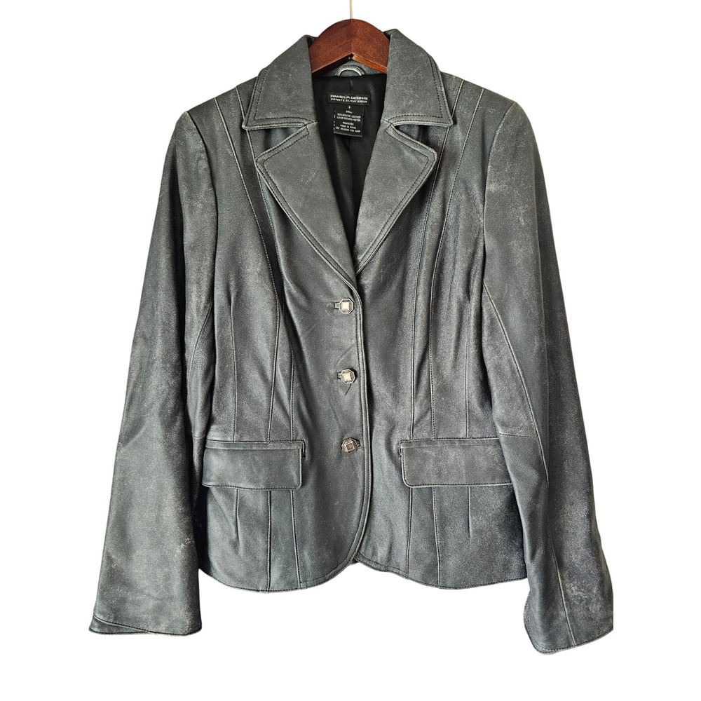 Pamela Dennis Private Client Group Gray Distressed Genuine Leather Blazer Size 6